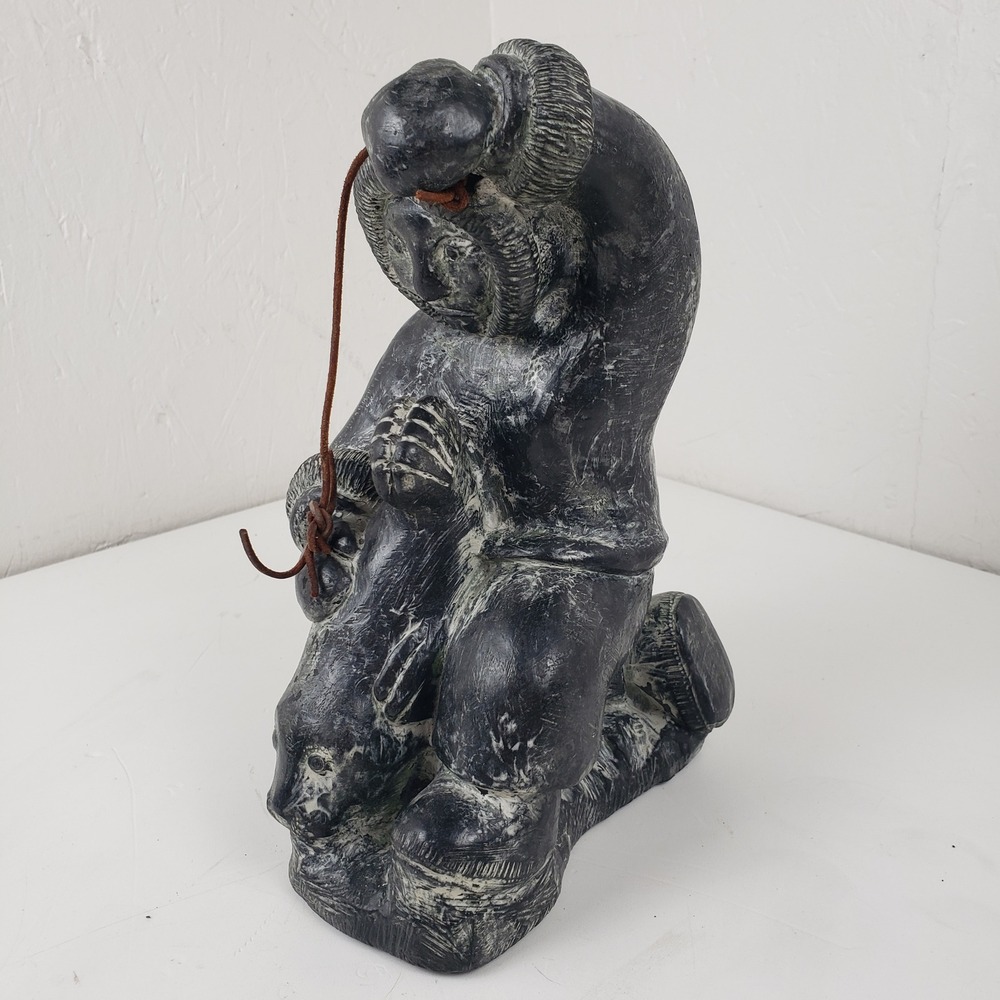 The Wolf Sculptures Inuit Hunter with Seal Soapstone Style Figurine Canada 9.5in